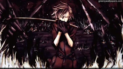 A dark-clad anime figure lowers a katana as black feathers and shadow spread outward across the width of the frame.