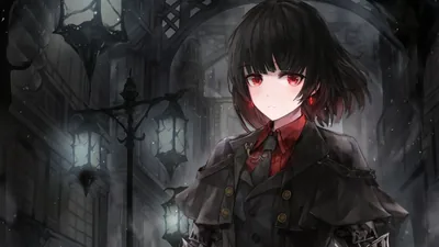 Red eyes under a black bob, a wine-coloured cravat at her collar, a wrought-iron lamp and grey cathedral arches blurred behind her.