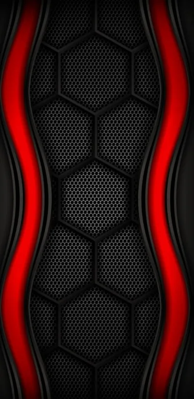 Two red curves run the height of a phone screen and frame a panel of black hexagon mesh, a fine dotted grid sitting behind it.