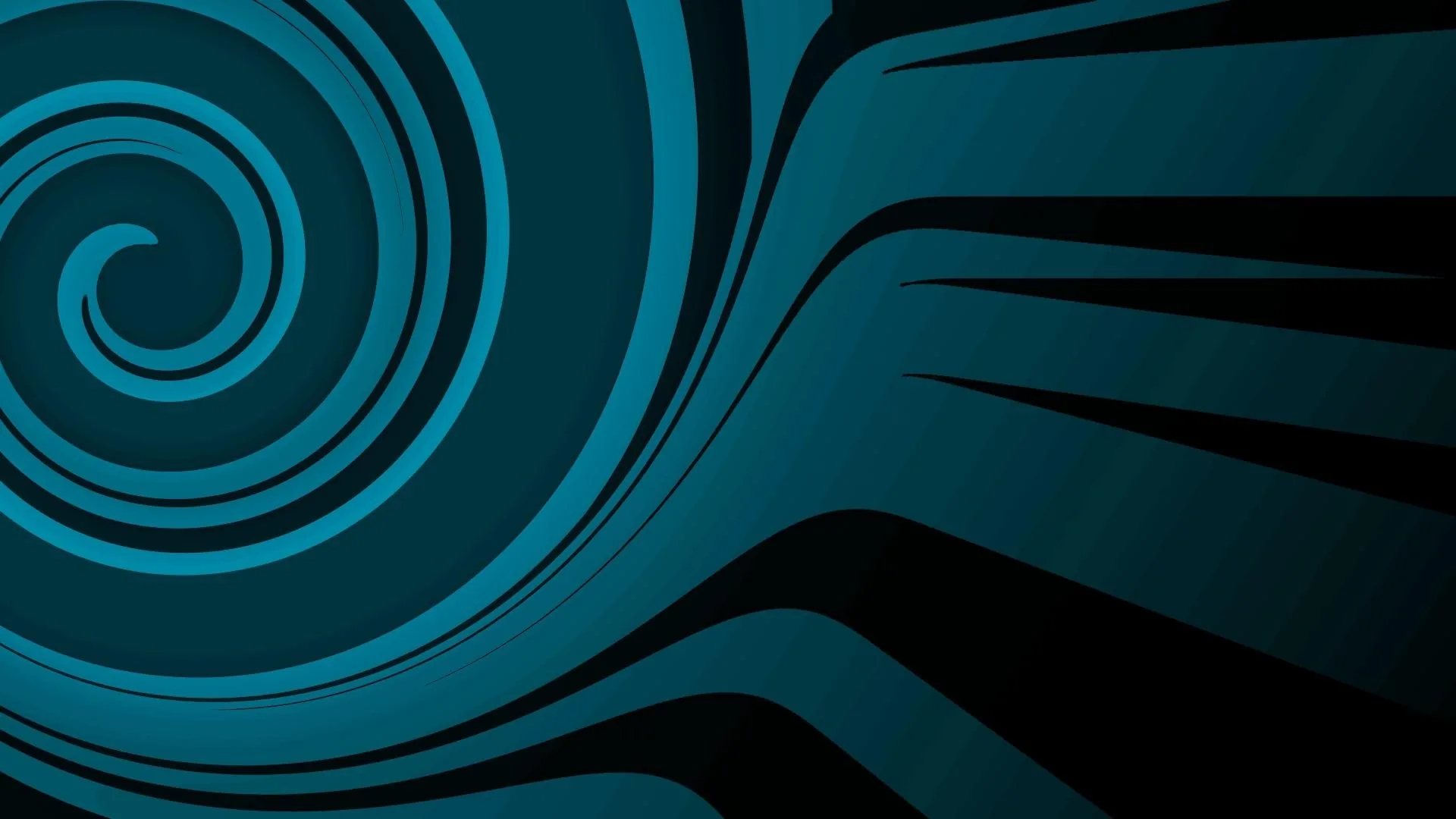 A flat teal spiral unwinds from the top left corner into wide black bands that sweep off the right side of the frame.