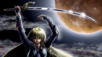 A blonde warrior lifts a curved katana overhead with both hands, a huge amber moon filling the right half of the frame behind the clouds.