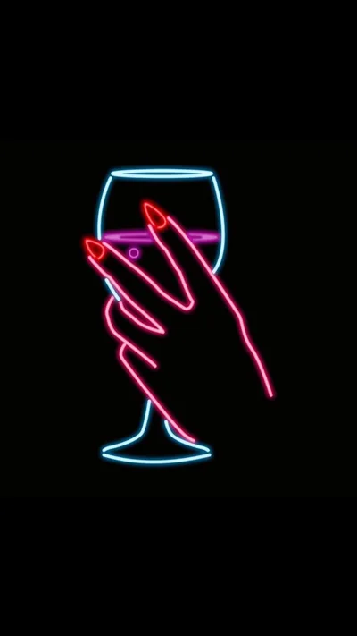 A line-drawn hand with red nails lifts a wine glass in blue and pink neon tubing on solid black, sized for a phone screen.