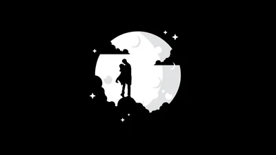 A lone figure stands on a rocky outcrop inside a white circle of moon, small stars around it and the rest of the frame pure black.