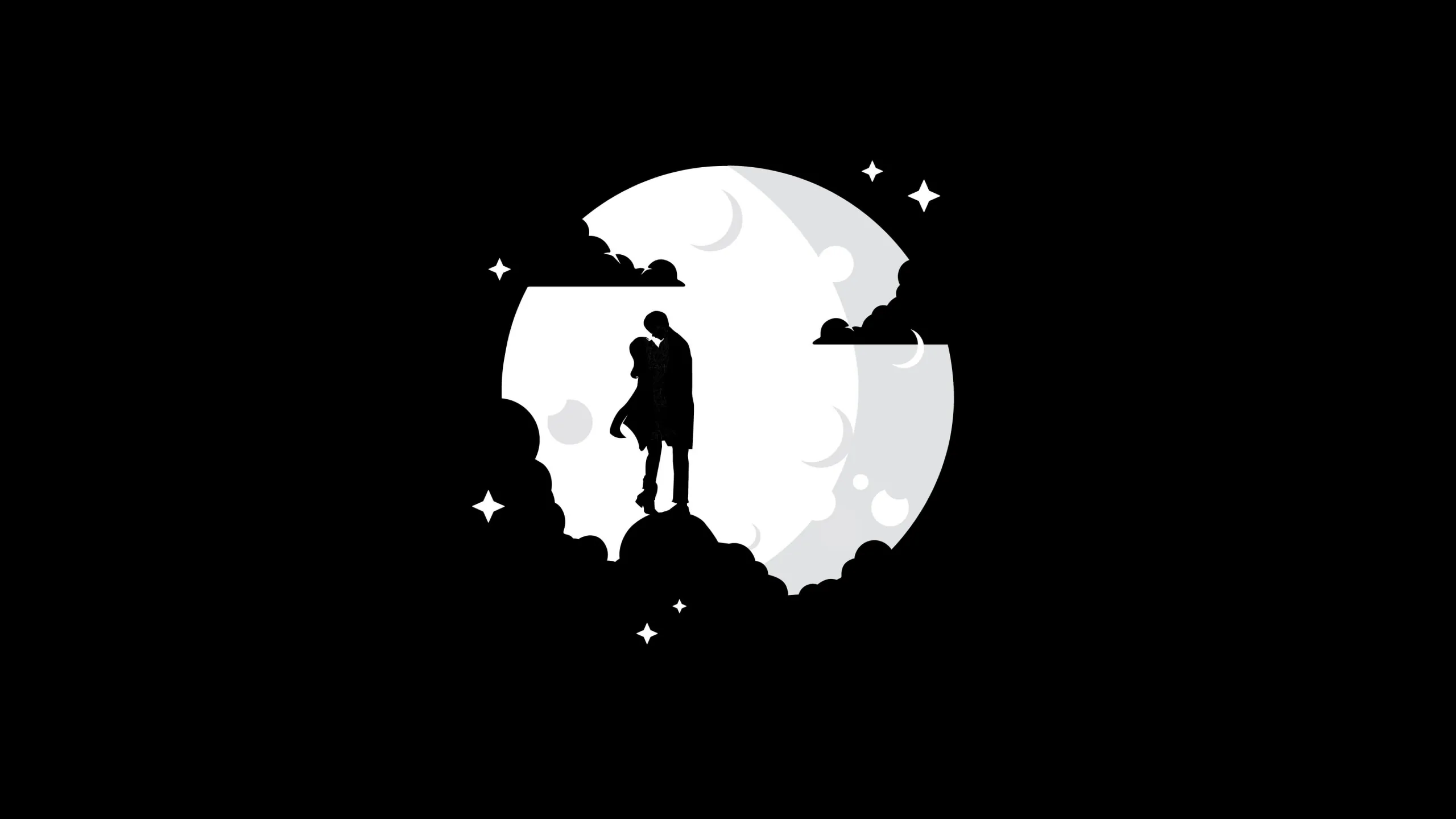 A lone figure stands on a rocky outcrop inside a white circle of moon, small stars around it and the rest of the frame pure black.