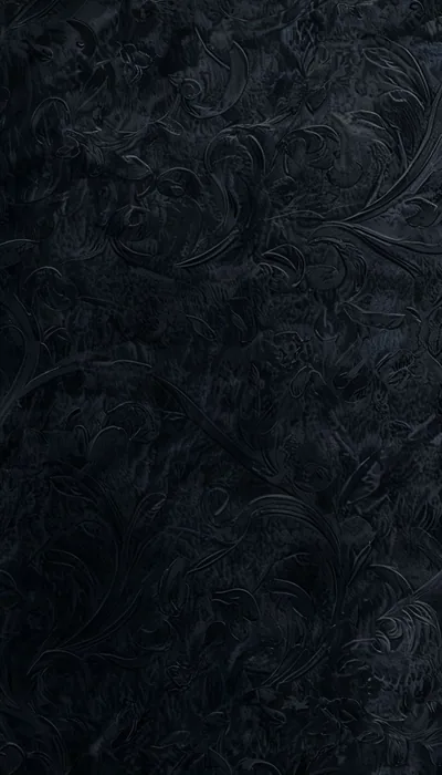 Feather-like flourishes rise in low relief from an ink-blue black surface, evenly textured down this tall frame so app icons read clearly anywhere.