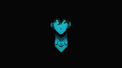 A stylised face glows teal at the centre of a black frame, the collar below it drawn in the same cold light.