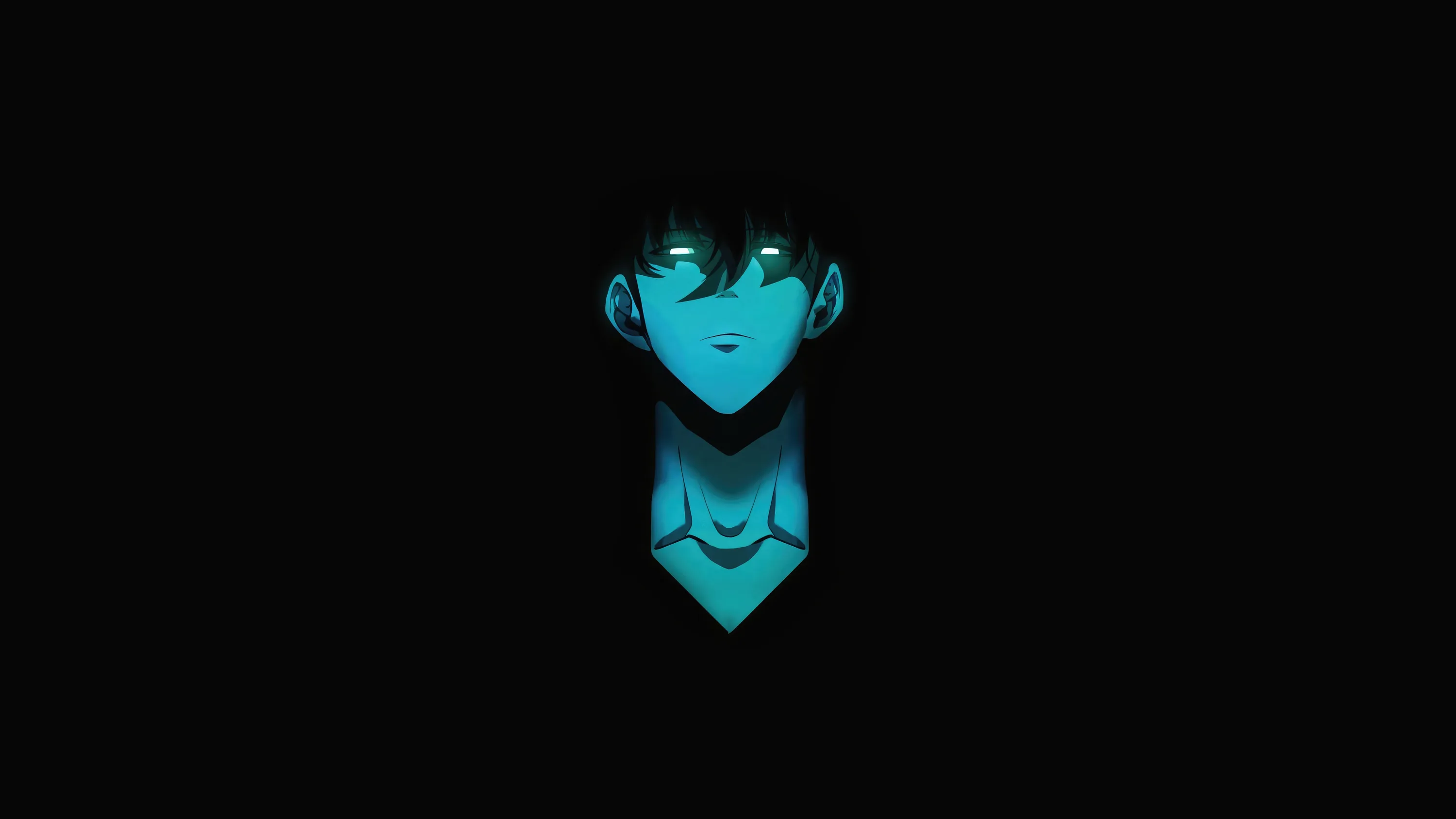 A stylised face glows teal at the centre of a black frame, the collar below it drawn in the same cold light.