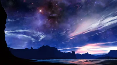 Silhouetted mesas line the horizon under a starry violet sky, a warm sunset glow breaking through at the right while a black cliff frames the left edge.
