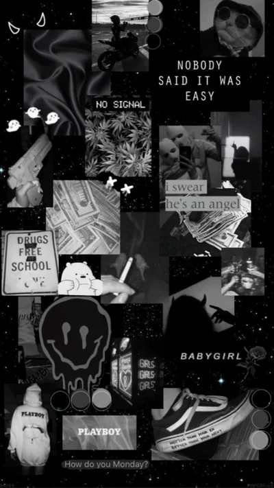 Torn monochrome cut-outs, banknotes and stickers pile up under the words nobody said it was easy, with a smiley and a skate deck near the bottom.