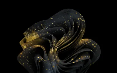 A twist of dark cloth coils in on itself, dusted with gold and banded with a gold fold along the bottom.