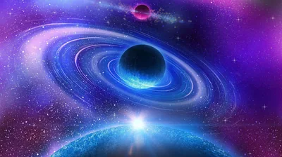 Digital art of a navy planet inside wide blue rings, a tiny galaxy overhead and a white star flaring off a second planet along the bottom.