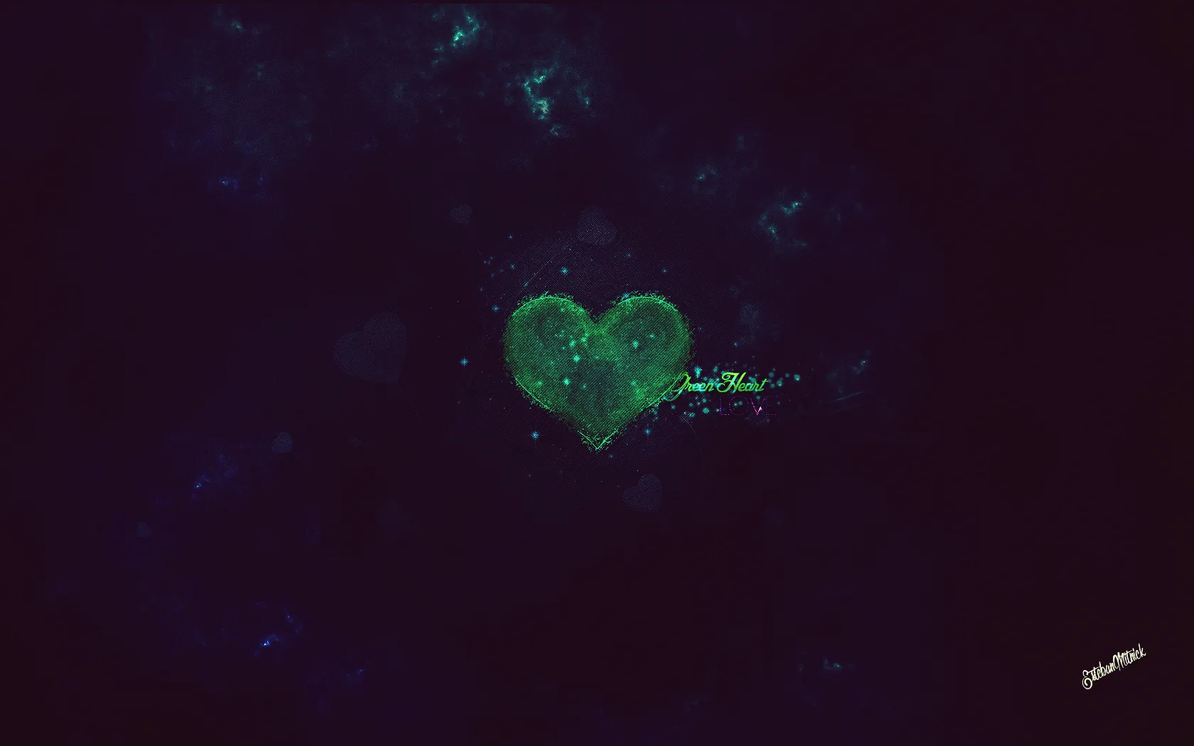 A heart of green nebula gas floats in a near-black starfield, faint teal clouds drifting across the upper corners.