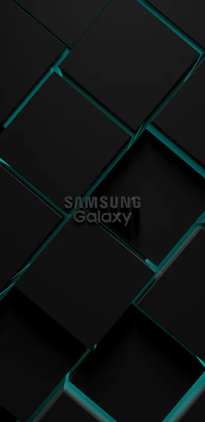 Charcoal cubes stack in three dimensions with teal light leaking between their edges, the Samsung Galaxy wordmark small at centre and the corners nearly black.
