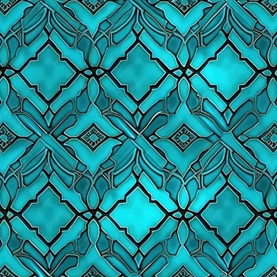 Bright turquoise panes sit inside a dark leaded lattice like stained glass, the repeat symmetrical and busy from edge to edge with no quiet area for icons.