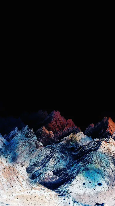 Jagged peaks in blue, rust and white crowd the bottom third of the frame, the sky above left completely empty for icons.