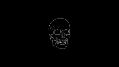 A skull drawn in hairline white strokes floats slightly right of centre, everything around it left as flat black for AMOLED screens.