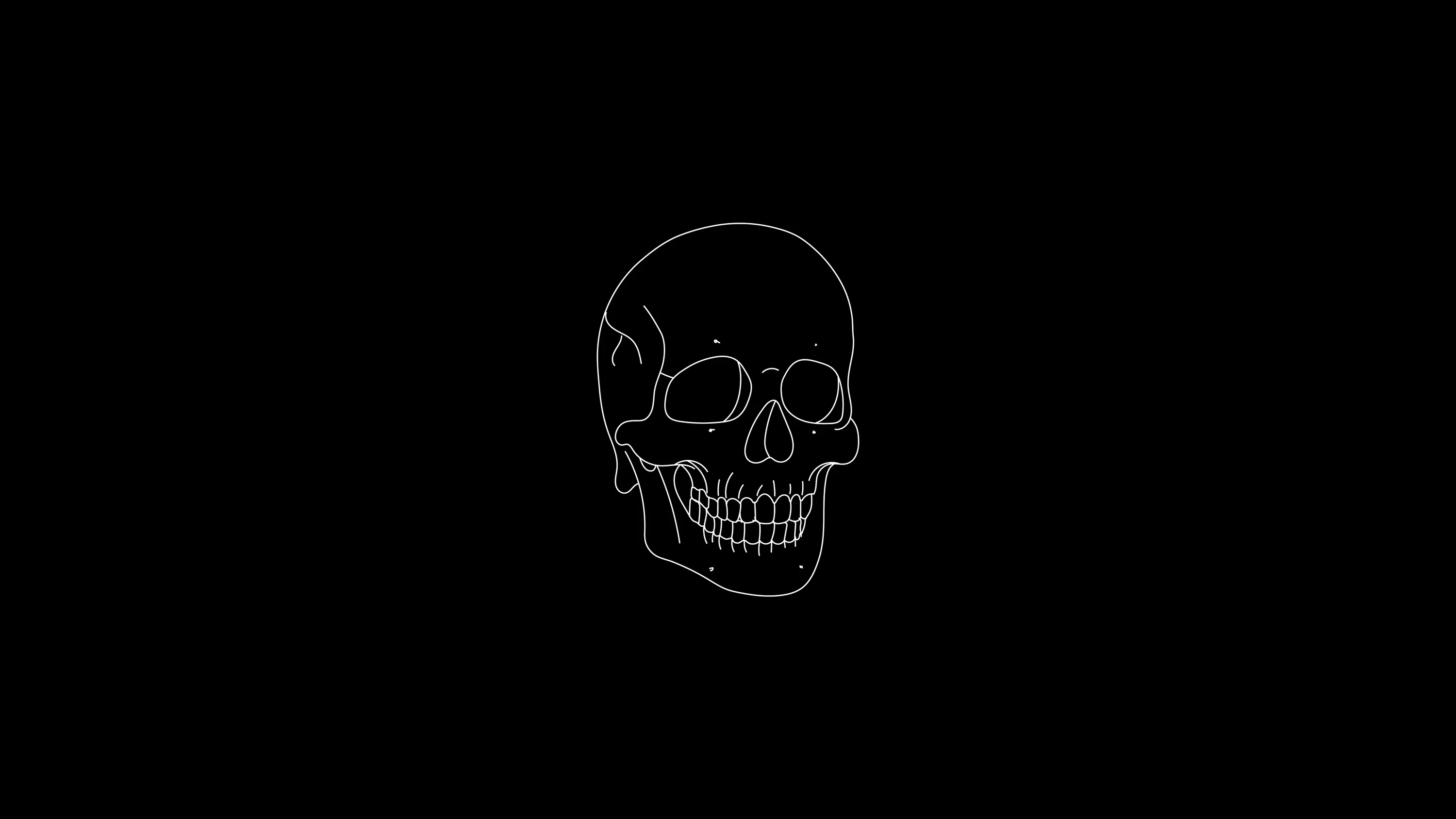 A skull drawn in hairline white strokes floats slightly right of centre, everything around it left as flat black for AMOLED screens.