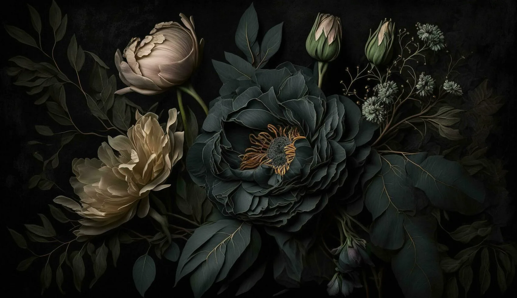 A dark rose sits at the middle of an arrangement of cream peonies, green buds and heavy leaves, lit from the front against a black wall.