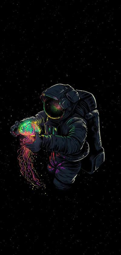 A spacesuited figure floats small in a broad field of stars, cradling a jellyfish lit in green and magenta, its tendrils trailing away to the left.