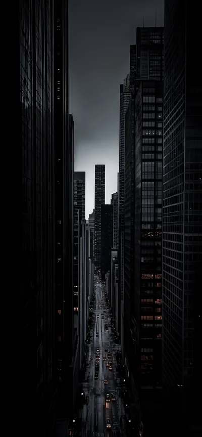 Looking down a canyon of dark towers to a thin strip of street below, tail lights and window glow the only warm colour.