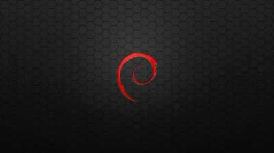 The red Debian spiral sits slightly right of centre on a dark hexagon-mesh background that fades to black at the corners.