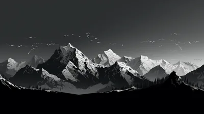 A wide monochrome panorama of snow-covered peaks under a graded grey sky, with a dark unlit ridge closing off the foreground.
