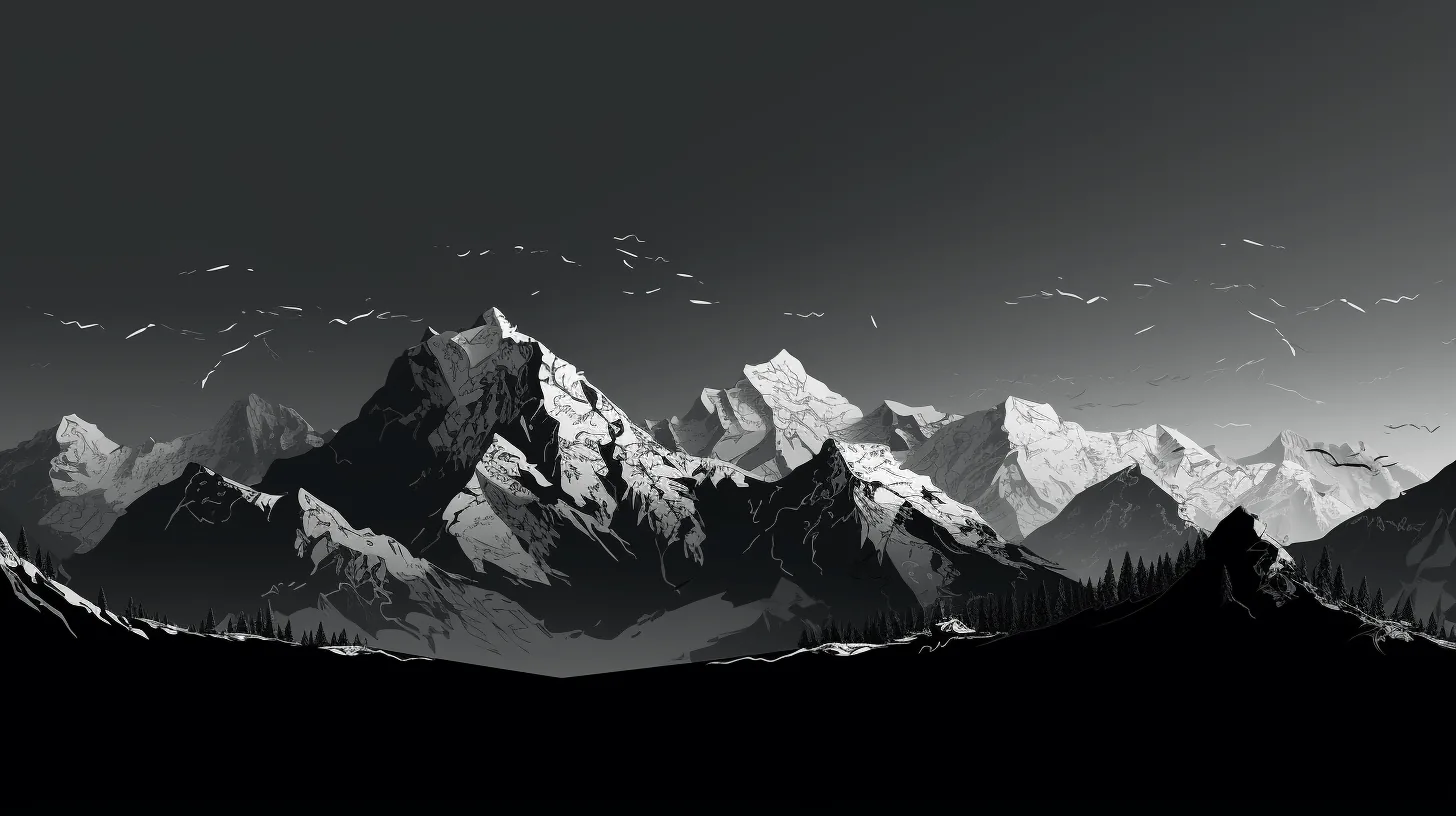 A wide monochrome panorama of snow-covered peaks under a graded grey sky, with a dark unlit ridge closing off the foreground.