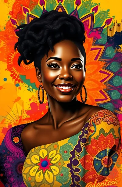 A woman with a swept-up curly updo and gold hoops smiles against orange mandala patterns, her patchwork dress carrying the same florals into the bottom corners.