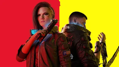 Female and male V stand shoulder to shoulder across a hard red-yellow split background, their jackets meeting at centre so both halves stay bold and flat.