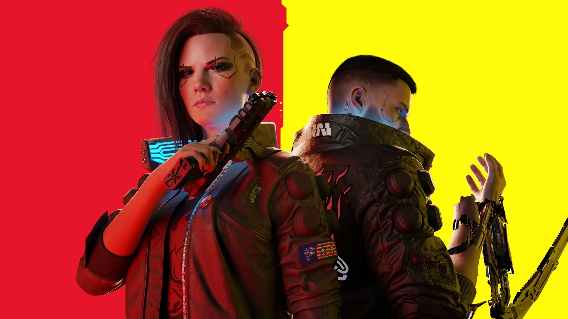 Female and male V stand shoulder to shoulder across a hard red-yellow split background, their jackets meeting at centre so both halves stay bold and flat.