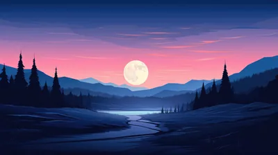 Flat-illustrated pine ridges frame a still lake under a big pale moon, the sky grading from pink at the horizon to deep indigo.