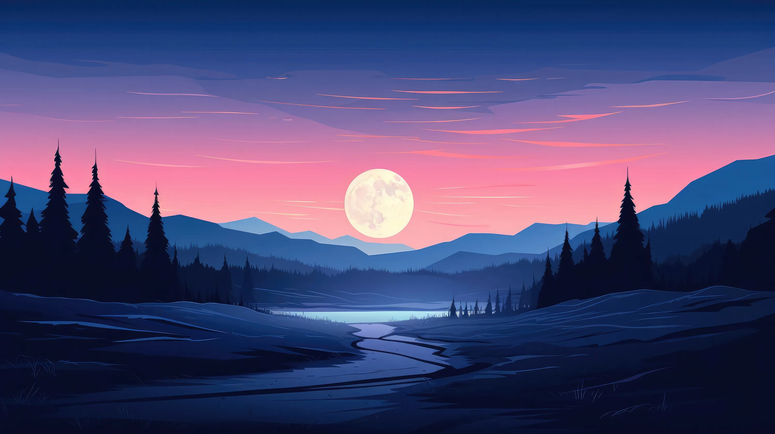 Flat-illustrated pine ridges frame a still lake under a big pale moon, the sky grading from pink at the horizon to deep indigo.