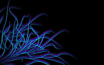 Thin blue and teal filaments coil out from the lower-left corner like sea grass, leaving most of the black frame open.