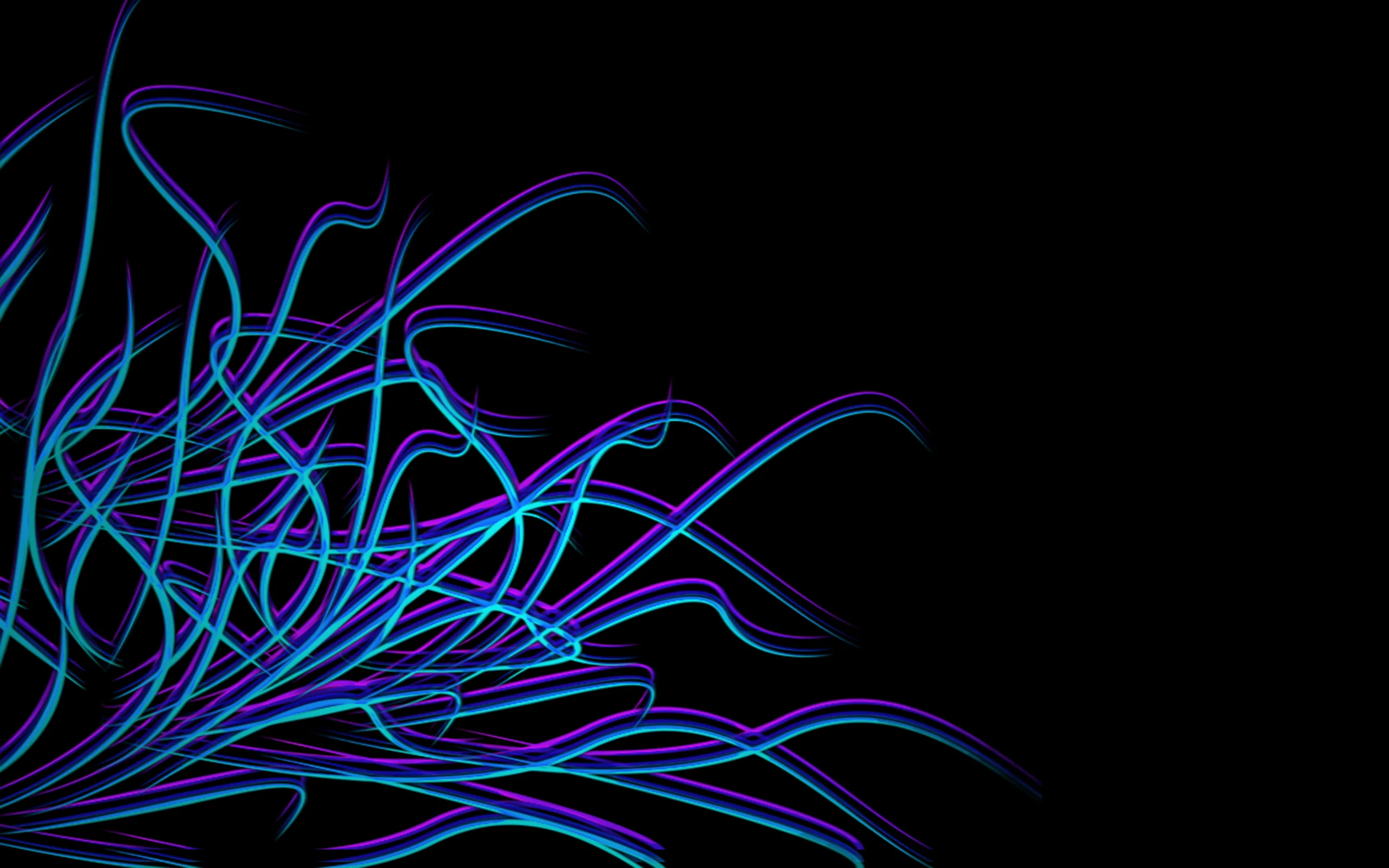 Thin blue and teal filaments coil out from the lower-left corner like sea grass, leaving most of the black frame open.