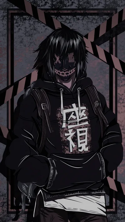 A boy in a black hoodie and a grinning teeth mask stands hands in pockets, yellow hazard stripes crossing the grey wall behind him.