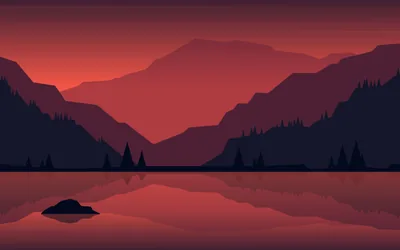 Layered red and plum ridges mirror themselves in still water, a single dark rock breaking the surface in the lower left corner.