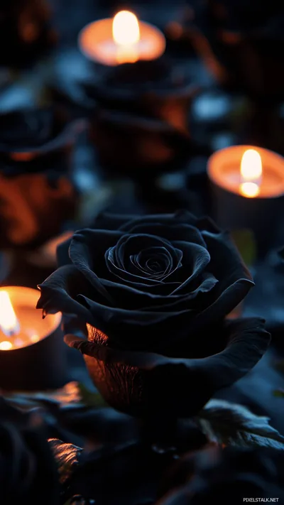 A single black rose opens in the foreground while candle flames blur into warm orange points behind it.