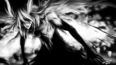 Wild white hair and a horned mask over a snarling face, drawn in heavy ink strokes with petals scattering across the right of the frame.