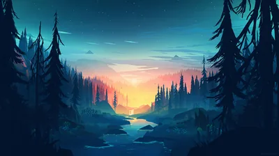 A river cuts through dense conifer slopes toward a sunrise burning pink and gold behind the mist, stars still showing in the teal sky above.