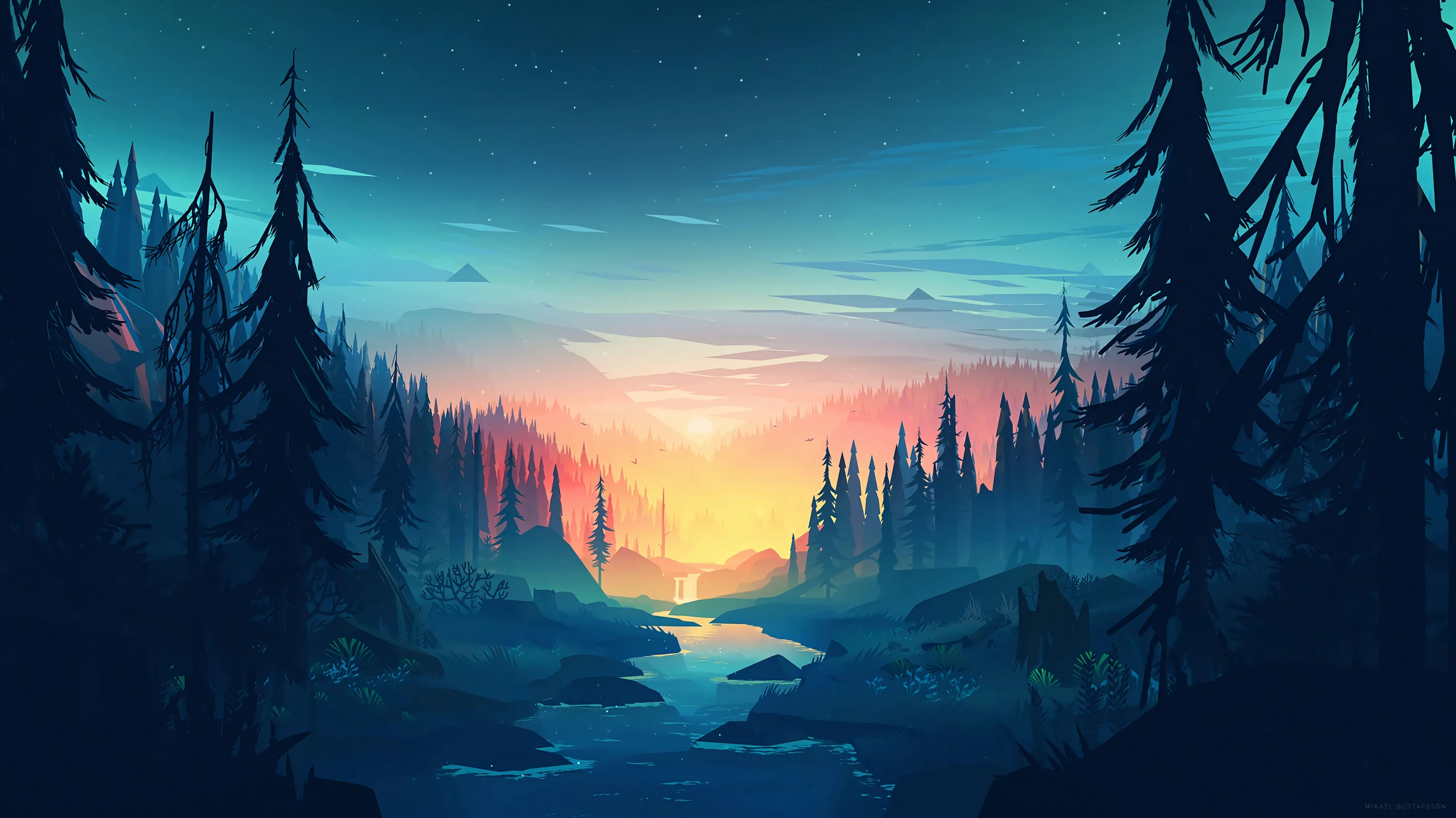 A river cuts through dense conifer slopes toward a sunrise burning pink and gold behind the mist, stars still showing in the teal sky above.