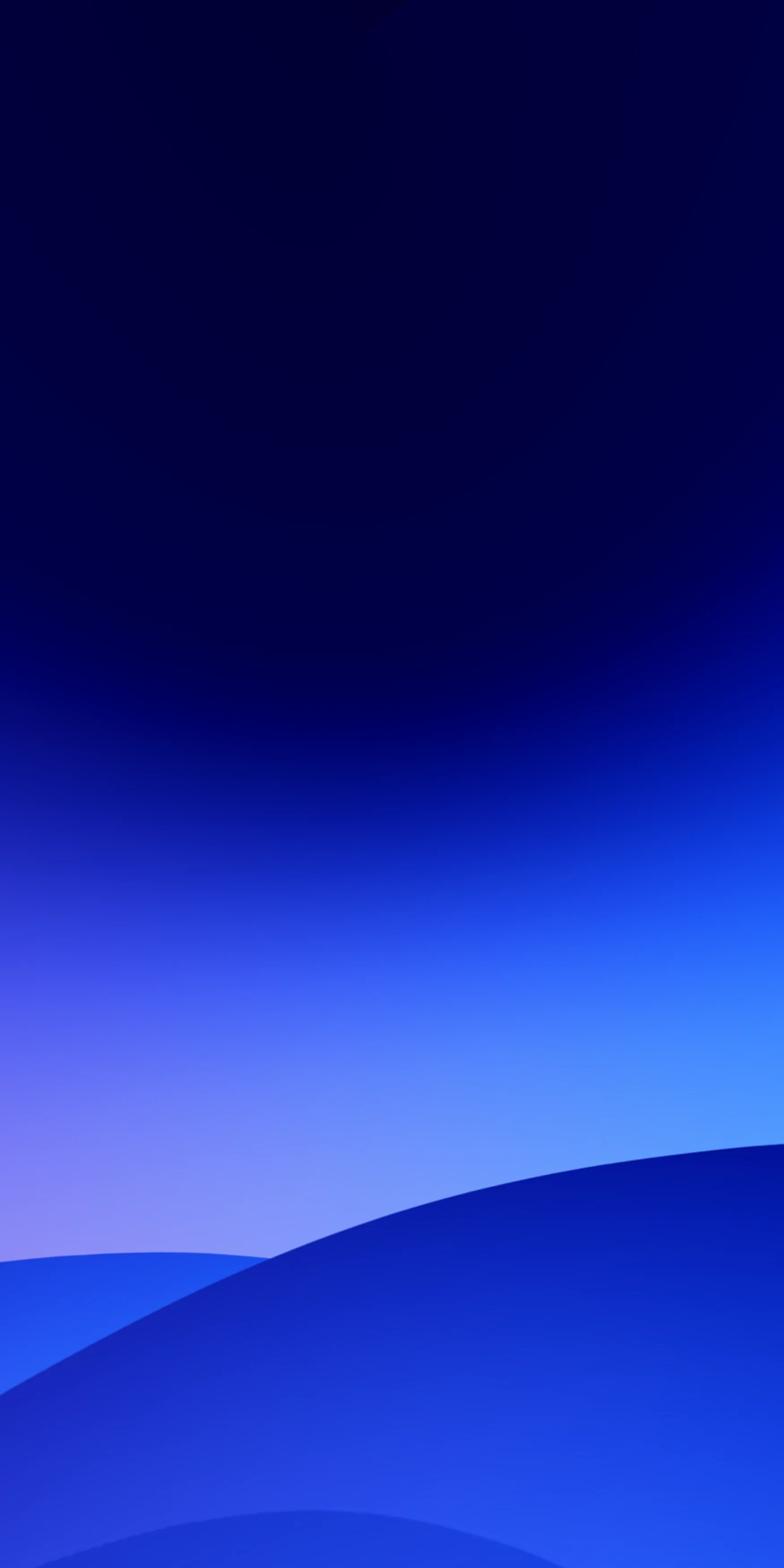 Smooth cobalt curves overlap like dunes along the bottom while the sky above fades to near-black navy, keeping the clock area dark and readable.