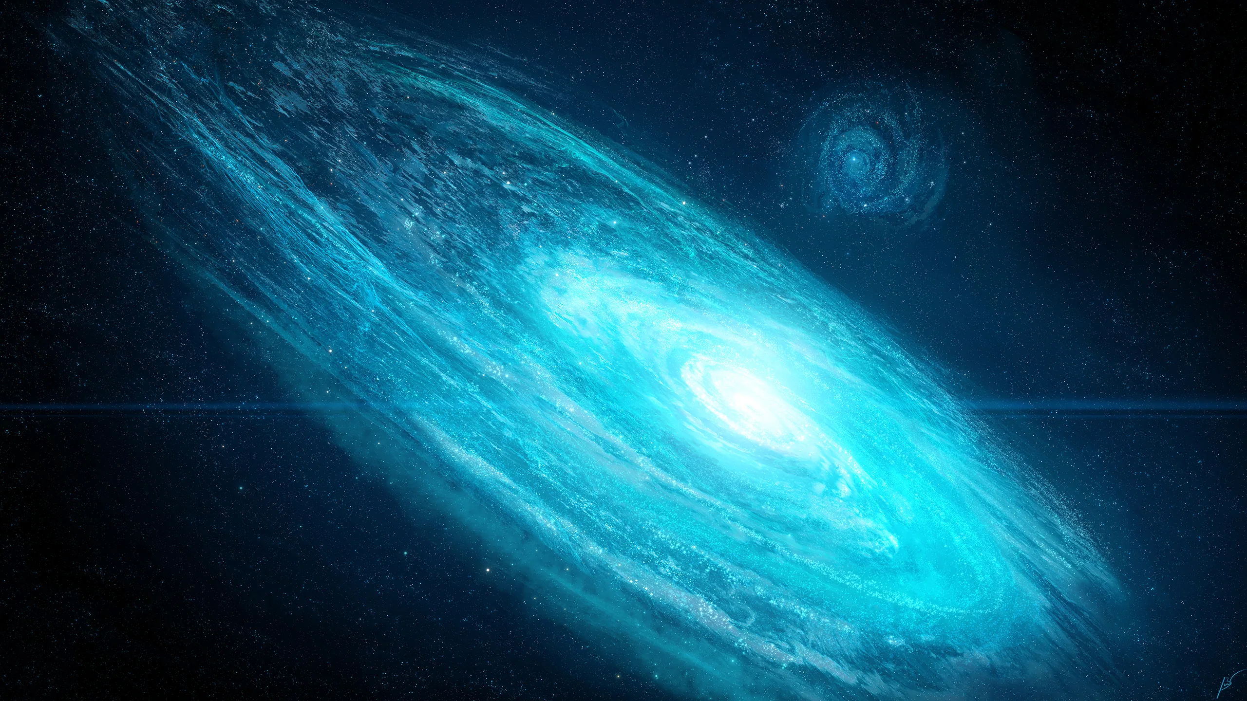 A tilted spiral galaxy glows white-hot at its core, its cyan arms fading into darkness while a second, smaller spiral sits in the upper right corner.