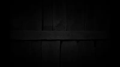 Vertical dark wood planks with a horizontal beam across the middle, grain just visible before the corners drop into black.