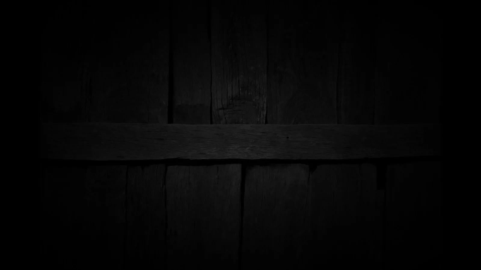 Vertical dark wood planks with a horizontal beam across the middle, grain just visible before the corners drop into black.