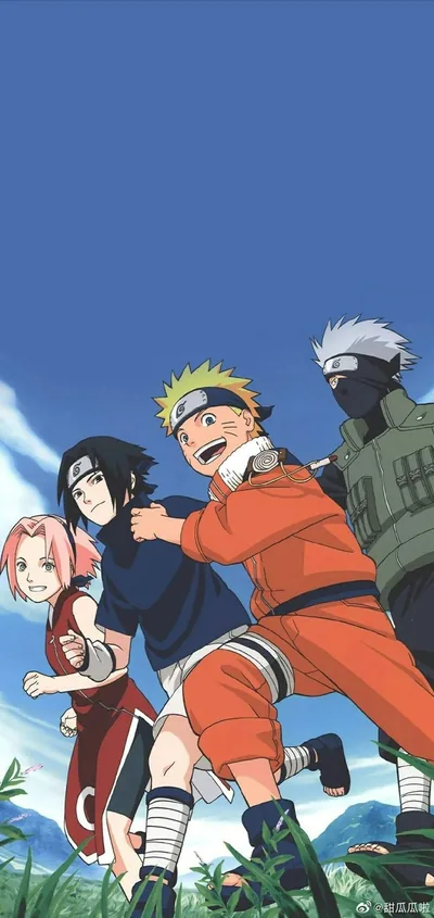 Kakashi, Naruto, Sasuke and Sakura charge downhill toward the viewer — the top half is open blue sky, leaving room for a phone clock.