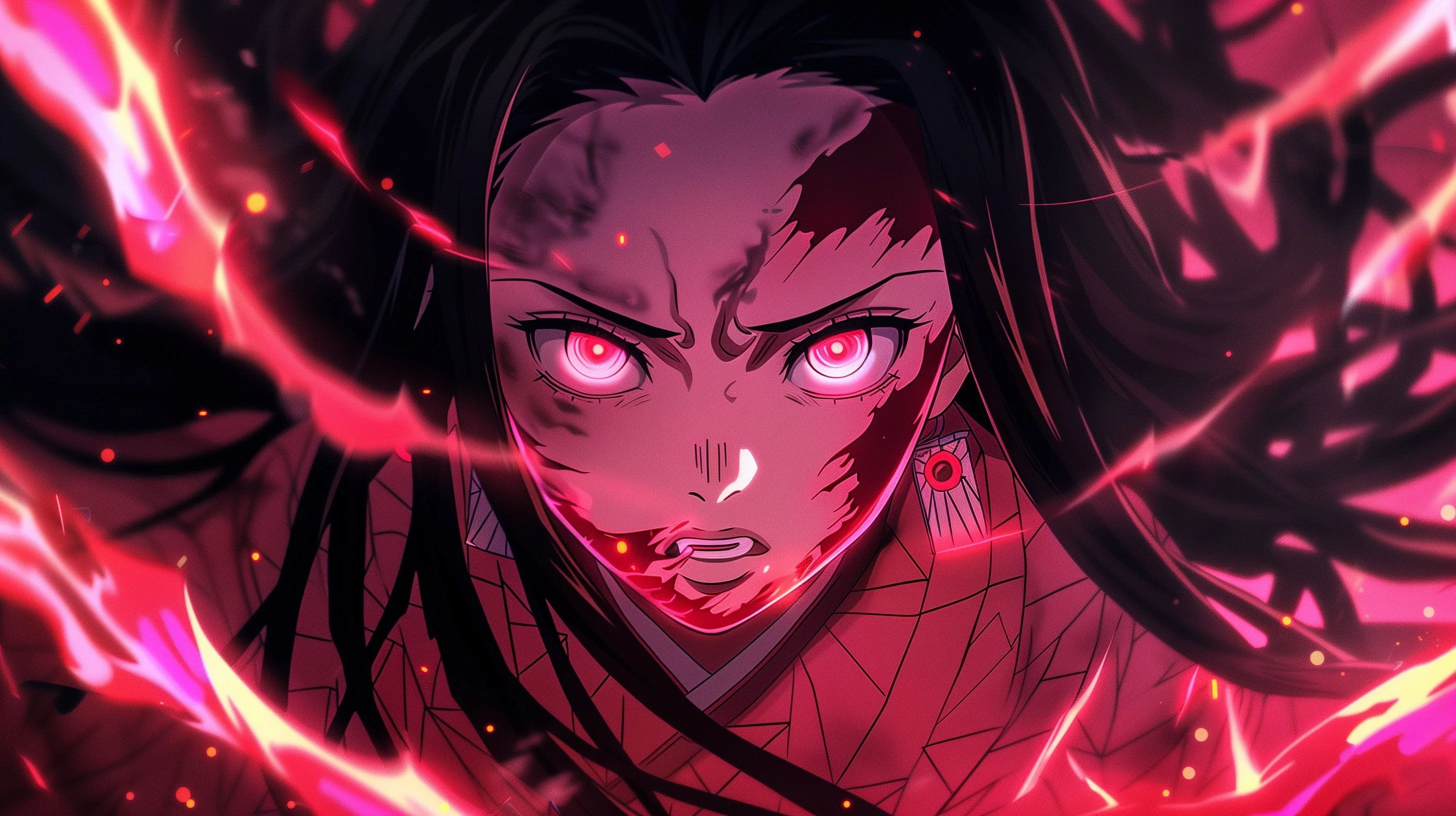 Her pupils have gone pale pink and the veins have crept across her cheeks, red tendrils curling in from both edges of the frame.
