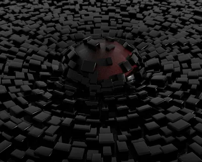 A dark red sphere sinks into a floor of small black cubes, ripples of displaced blocks circling outward with the light pooling at the centre.
