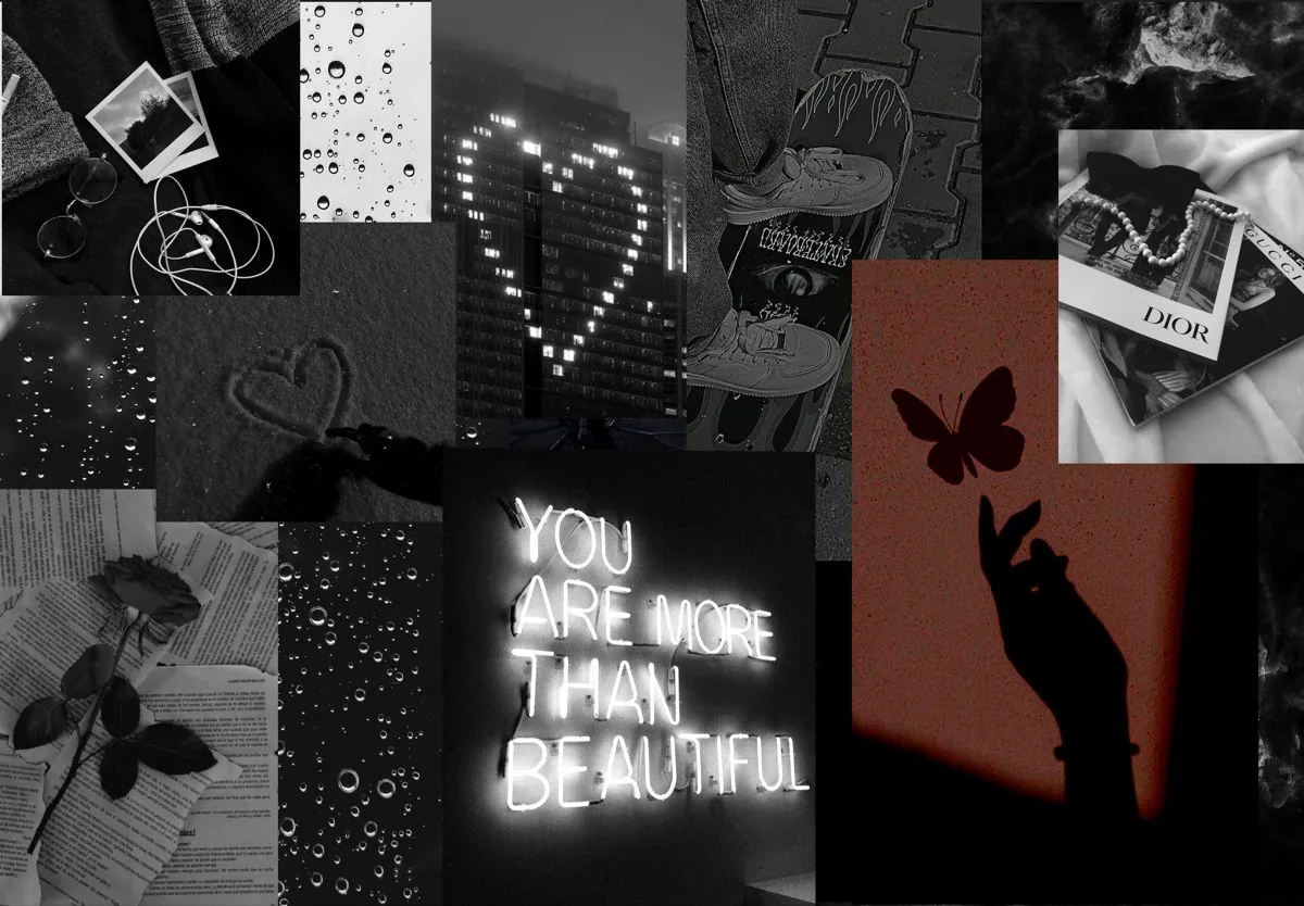 A neon sign reading you are more than beautiful anchors the middle, with a red butterfly, a heart of bulbs and rain-streaked glass around it.