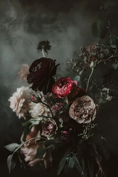 Crimson, blush and near-black roses gather low in the frame against a smoky grey wall, the top left corner left empty.