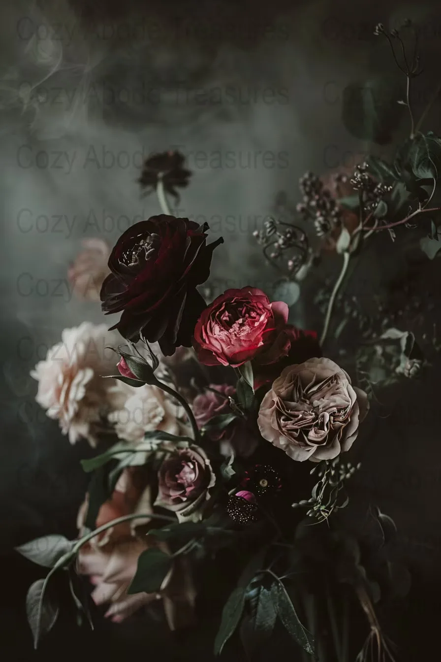 Crimson, blush and near-black roses gather low in the frame against a smoky grey wall, the top left corner left empty.